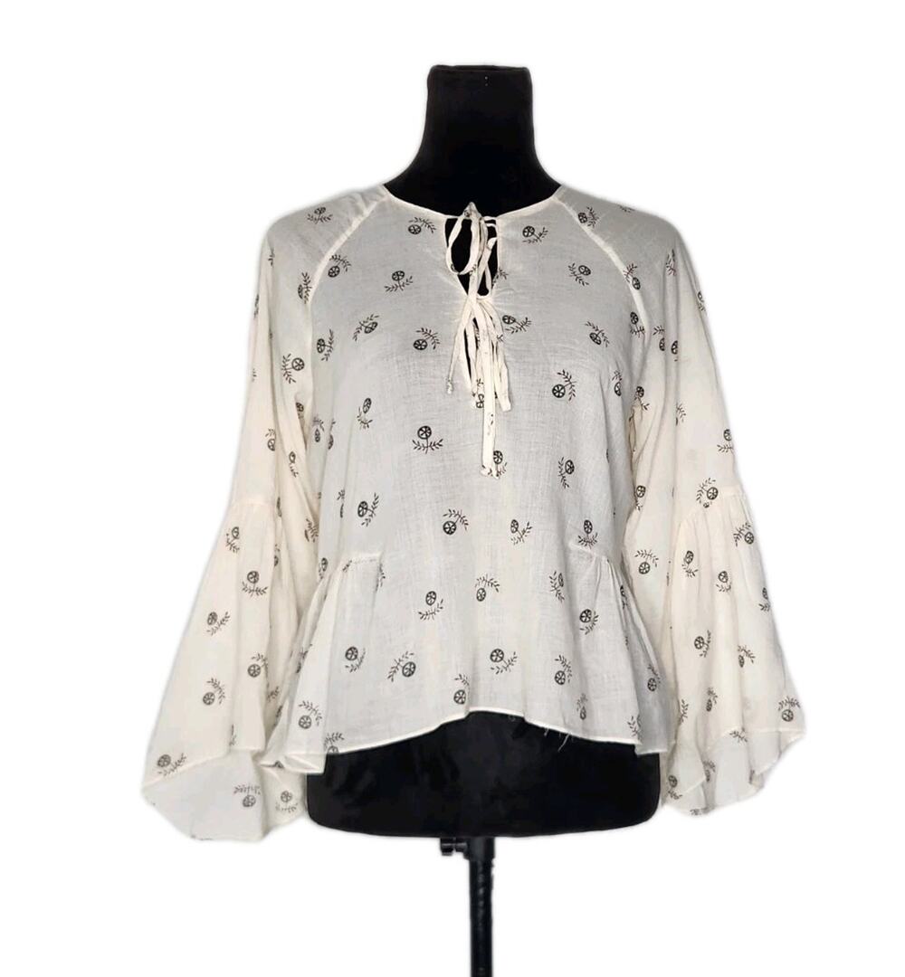 Marni Cotton Blouse IT 42 US 6 Cream Bell Sleeve Boho Tie Neck Top